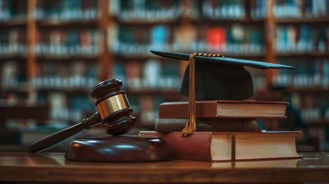 Юридические книги, молоток судьи и академическая шапочка